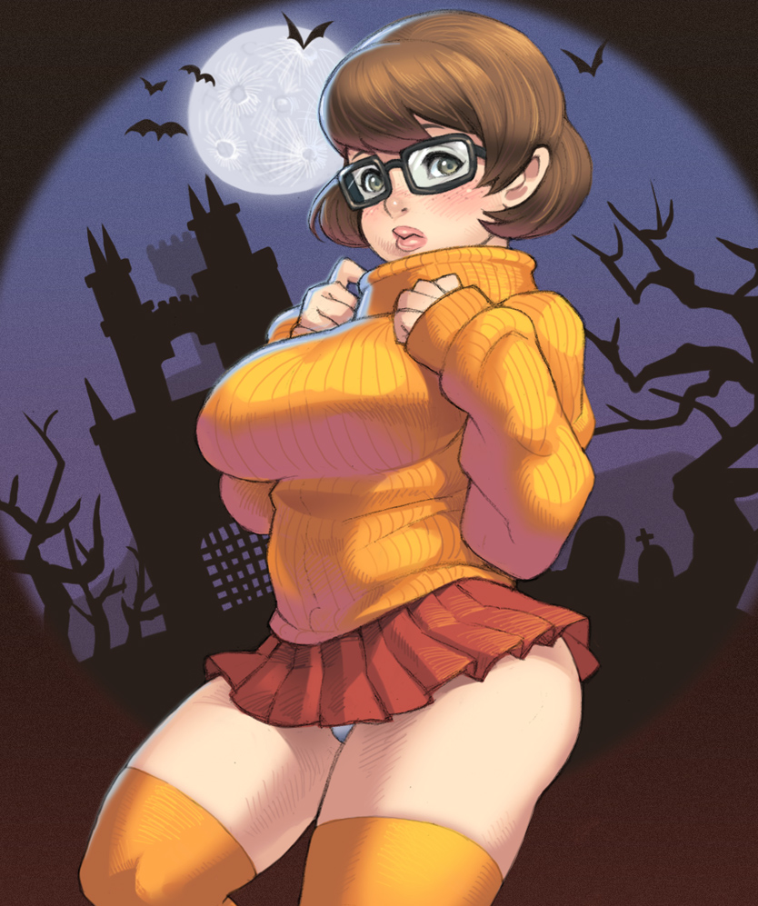 1girl, bad_id, bad_pixiv_id, blush, bob_cut, breasts, brown_eyes, brown_hair, cartoon_network, castle, female_focus, freckles, full_moon, glasses, large_breasts, lips, looking_at_viewer, maou_alba, miniskirt, moon, orange_shirt, orange_thighhighs, panties, pantyshot, plump, ribbed_sweater, scooby-doo_(series), shirt, short_hair, skirt, solo, sweater, thick_lips, thick_thighs, thighhighs, thighs, turtleneck, underwear, upskirt, velma_dinkley, white_panties