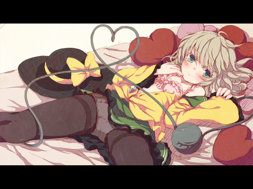 1girl, black_pantyhose, blush, bra, dise_(psychoro), female_focus, hat, heart