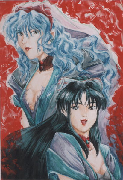 1990s_(style), 2girls, artist_request, blue_dress, blue_eyes, blue_hair, breasts, choker
