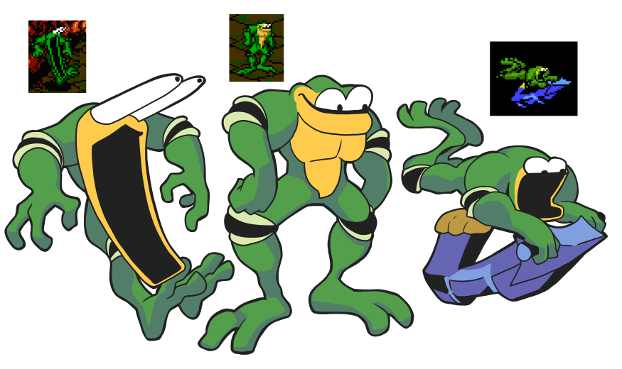 1boy, arms_at_sides, battletoads, bulging_eyes, colored_skin, creature, elbow_pads, eye_pop, frog, from_side, full_body, gashi-gashi, green_skin, knee_pads, legs_apart, male_focus, multiple_views, open_mouth, reference_work, simple_background, standing, surprised, yellow_skin, zitz_(battletoads)