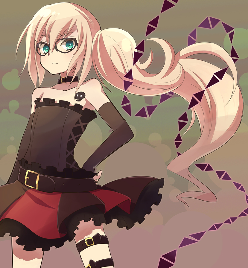 10s, bare_shoulders, cowboy_shot, crossdressing, gatchaman, gatchaman_crowds, glasses, mzk, ninomiya_rui, ponytail, thigh_strap, trap, wig