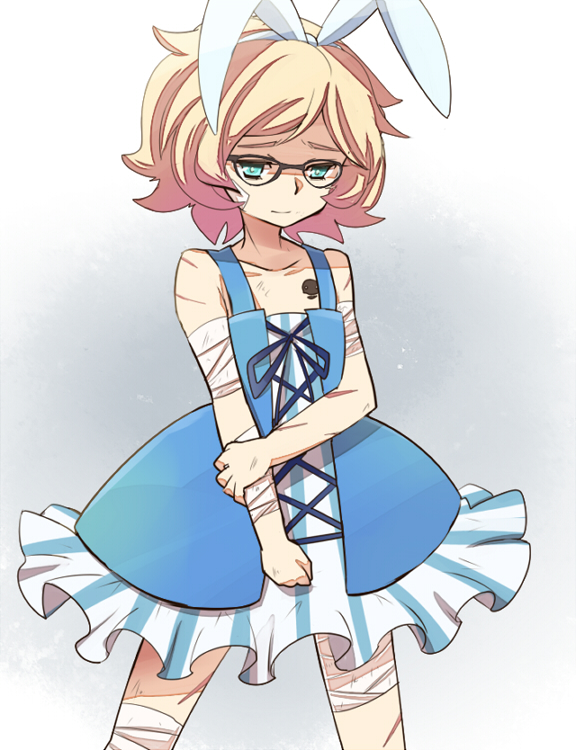 10s, animal_ears, bandages, blonde_hair, bow, cowboy_shot, crossdressing, fake_animal_ears, gatchaman, gatchaman_crowds, glasses, mzk, ninomiya_rui, rabbit_ears, scar, trap, wig
