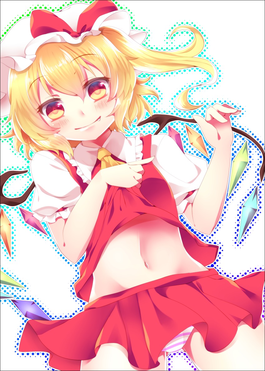 1girl, absurdres, ascot, blonde_hair, clothes_lift, colorized, fang, fang_out