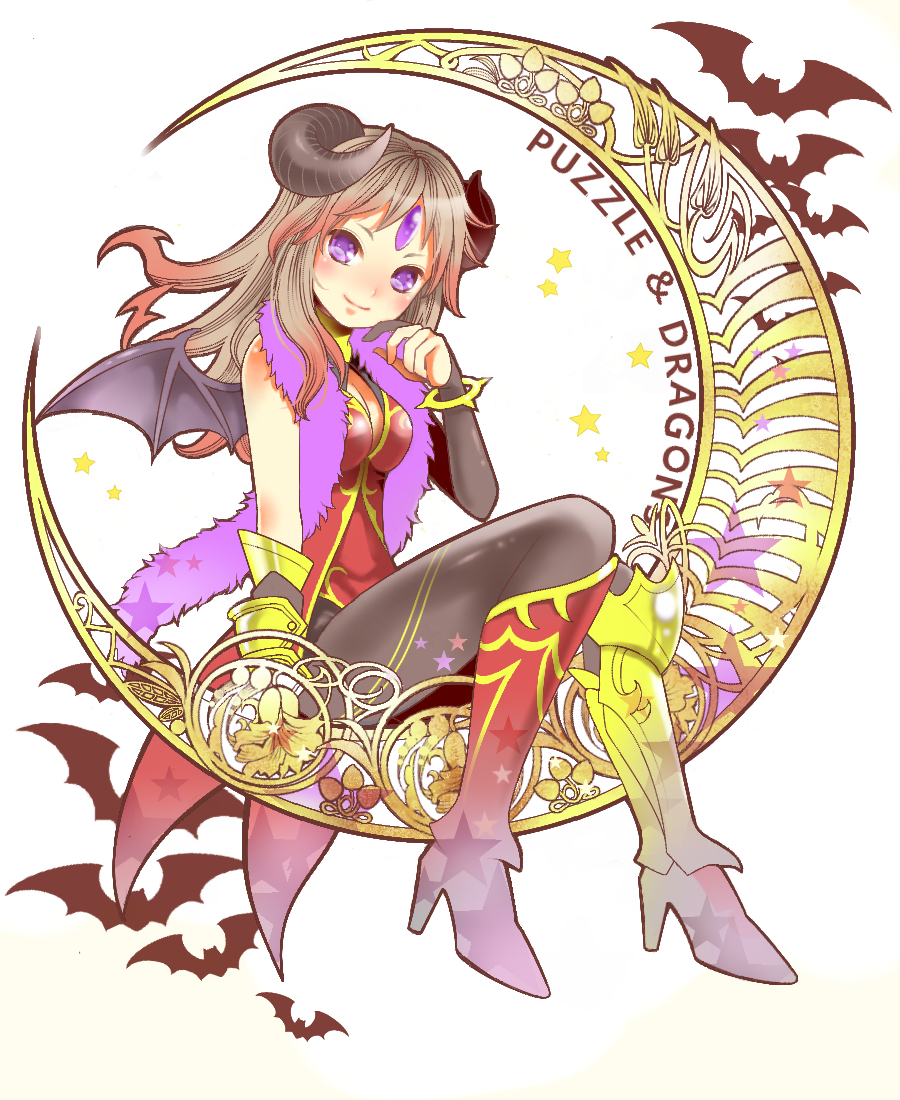 1girl, art_nouveau, bat_(animal), blush, brown_hair, cherry2317, copyright_name, crescent