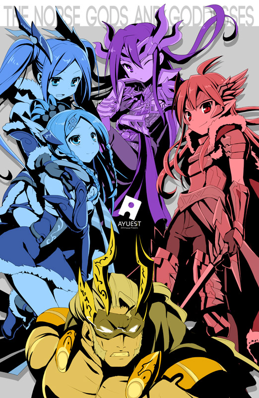 2girls, 3boys, armor, bankoku_ayuya, braid, cape, color_connection, freyr_(p&amp;d)