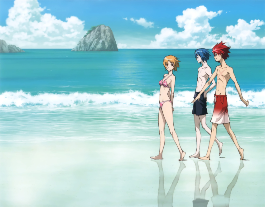 10s, 1girl, 2boys, agemaki_wako, barefoot, beach, bikini, black_male_swimwear