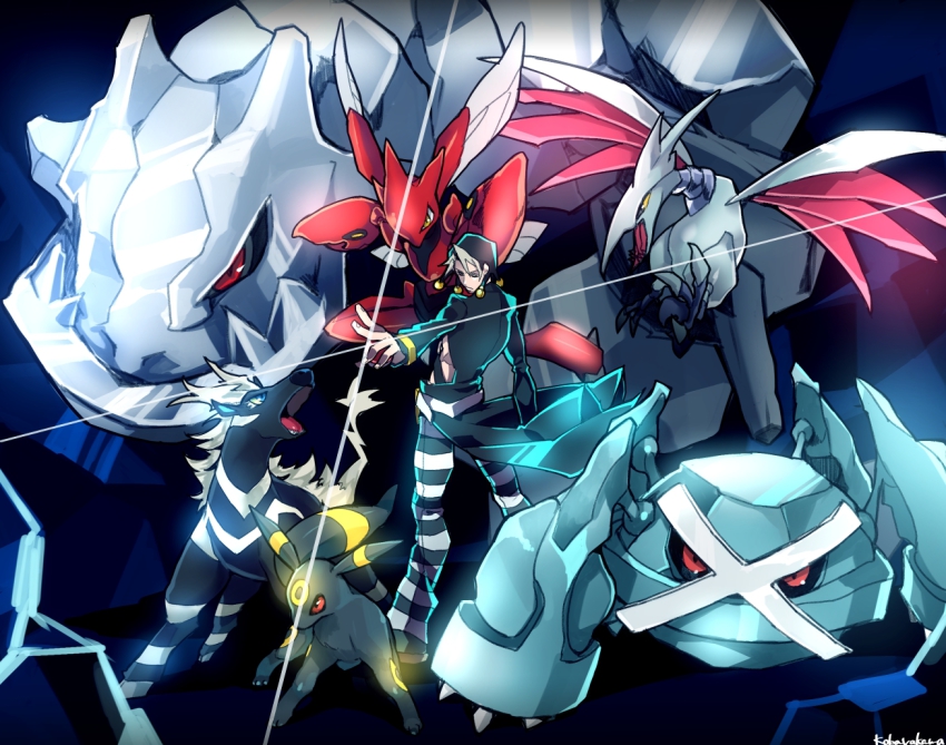 1boy, crossover, gen_2_pokemon, gen_3_pokemon, gen_5_pokemon, hat, jojo_no_kimyou_na_bouken, mad369, male_focus, metagross, nintendo, pokemon, pokemon_(creature), pokemon_team, risotto_nero, scizor, skarmory, steelix, umbreon, zebstrika