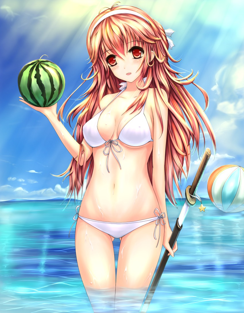 1girl, absurdres, ball, beachball, bikini, blush, brown_hair, female_focus