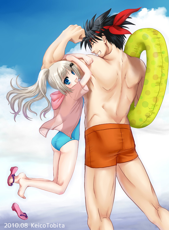 1boy, 1girl, barefoot, black_hair, blonde_hair, blue_eyes, blue_one-piece_swimsuit, closed_eyes, feet, gluteal_fold, headband, holding, holding_swim_ring, innertube, inohara_masato, jammers, little_busters!, long_hair, male_swimwear, muscular, noumi_kudryavka, one-piece_swimsuit, orange_jammers, orange_male_swimwear, ponytail, shoe_dangle, shoes, single_shoe, swim_ring, swimsuit, tobita_keiko