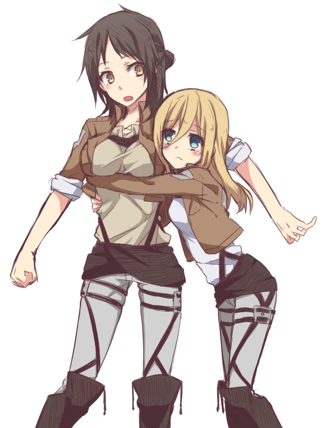 2girls, black_hair, blonde_hair, boots, eren_yeager, gender_request, genderswap, hug