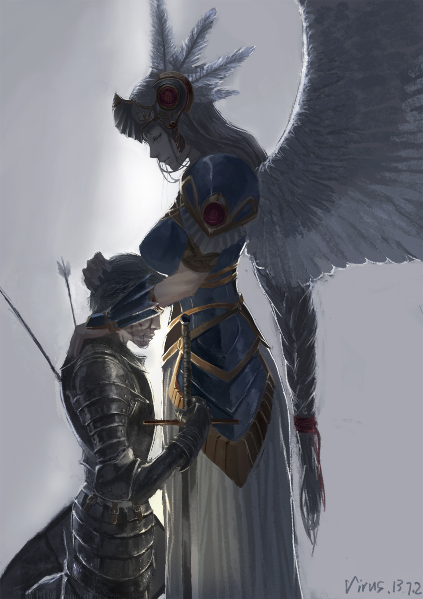 1boy, 1girl, armor, armored_dress, arrow_(projectile), belt, blood, blue_armor, blue_hair, braid, brown_hair, closed_eyes, dark, dated, dress, dying, expressionless, feathers, gauntlets, helmet, hidden_eyes, highres, injury, lenneth_valkyrie, long_hair, lucian_(valkyrie_profile), painting_(medium), pauldrons, shield, shoulder_armor, signature, sword, traditional_media, valkyrie, valkyrie_profile_(series), valkyrie_profile_1, virus76, watermark, weapon, wings