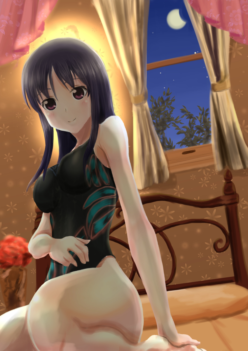 10s, 1girl, bed, black_hair, competition_swimsuit, highres, long_hair, moon
