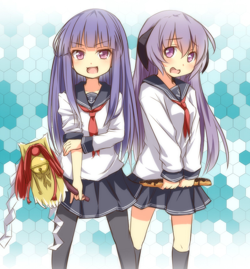 2girls, black_legwear, blunt_bangs, blush, cosplay, cowboy_shot, furude_rika, hanyuu