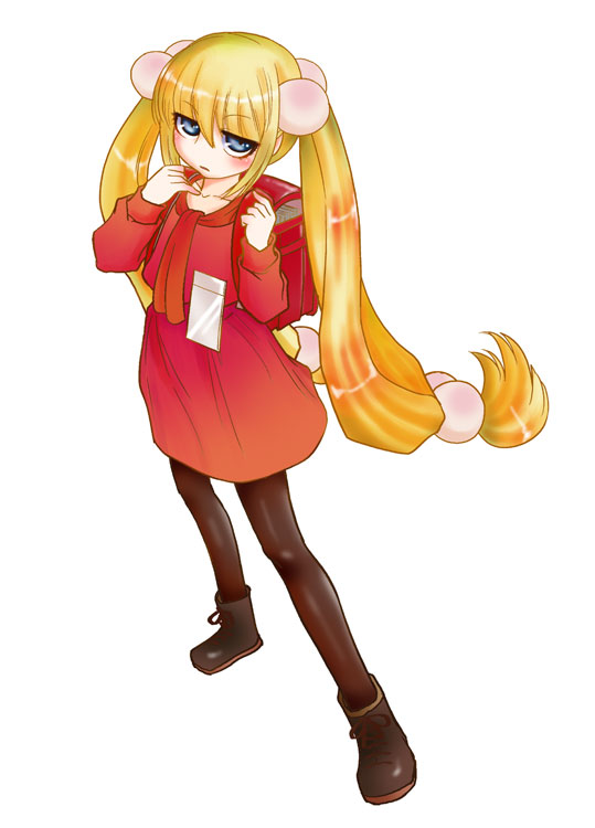 1girl, backpack, bag, blonde_hair, blue_eyes, blush, cosplay, female_focus, full_body, genshiken, hair_bobbles, hair_ornament, kabaya_kousuke, kodomo_no_jikan, kokonoe_rin, kokonoe_rin_(cosplay), long_hair, pantyhose, randoseru, simple_background, solo, sphere_hair_ornament, standing, susanna_hopkins, twintails, very_long_hair, white_background