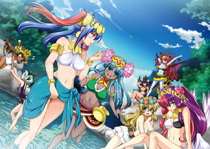 6+girls, animal_ears, anklet, arms_up, ascot, astaroth_(p&amp;d), barefoot, bastet_(p&amp;d), black_hair, blonde_hair, blue_eyes, blue_hair, blush, bracelet, breasts, cat_ears, cat_tail, chaos_venus_(p&amp;d), cleavage, dark_skin, dark-skinned_female, day, dutch_angle, freyja_(p&amp;d), green_eyes, green_hair, hair_tubes, head_wings, headdress, hera_(p&amp;d), horns, jewelry, lakshmi_(p&amp;d), large_breasts, long_hair, lots_of_jewelry, multicolored_hair, multiple_girls, navel, one-piece_swimsuit, open_mouth, parvati_(p&amp;d), persephone_(p&amp;d), pink_hair, pointy_ears, purple_hair, puzzle_&amp;_dragons, red_hair, sarong, short_hair, smile, swimsuit, tail, twintails, uran_(uran-factory), venus_(p&amp;d), wading, water, white_one-piece_swimsuit, wings