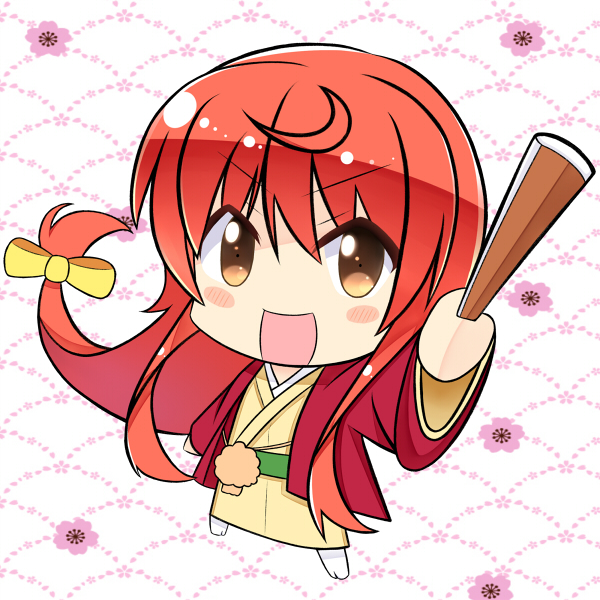 1girl, blush, bow, buratei_marii, chibi, chitose_kiri, female_focus, floral_background