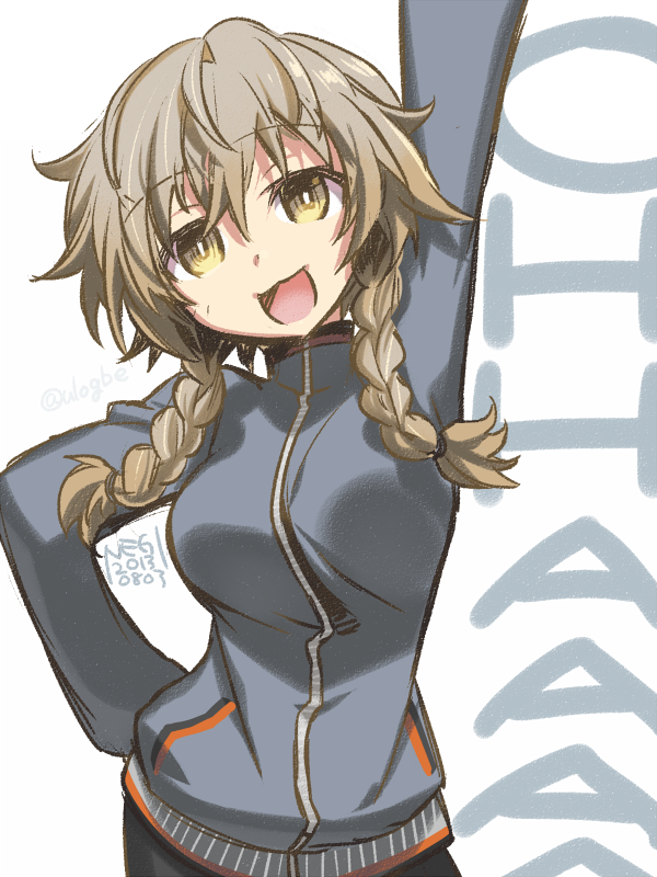 1girl, 5pb., :3, :d, amane_suzuha, arm_up, artist_name, braid, brown_hair, female_focus, hand_on_own_hip, jacket, long_hair, negi_(ulog'be), nitroplus, open_mouth, science_adventure, smile, solo, steins;gate, track_jacket, twin_braids, yellow_eyes