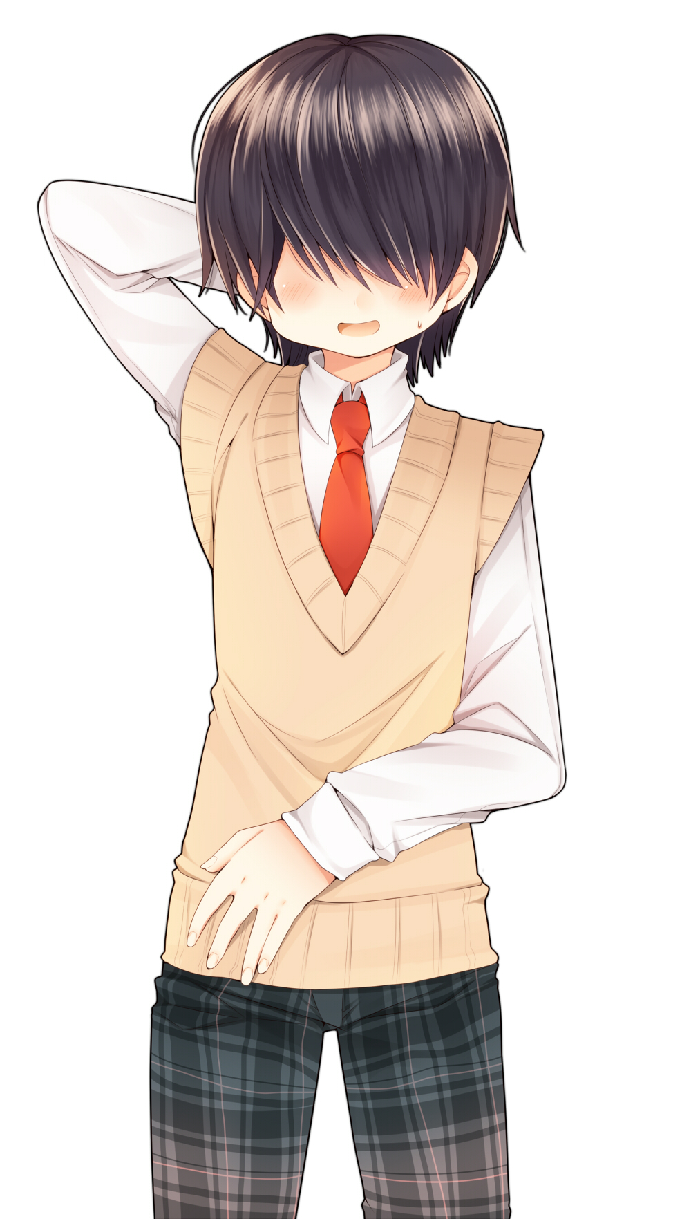 10s, 1girl, arm_up, black_hair, blush, crossdressing, crossdressing_(ftm), female_focus