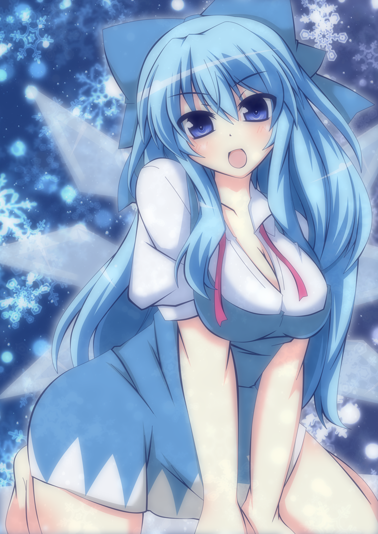 1girl, aged_up, alternate_breast_size_(larger), alternate_hair_length, alternate_hairstyle, blue_eyes, blue_hair, blush, bow, breasts, cirno, cleavage, female_focus, hair_bow, large_breasts, long_hair, looking_at_viewer, masiromu, matching_hair/eyes, open_mouth, short_hair, solo, touhou, untied, very_long_hair