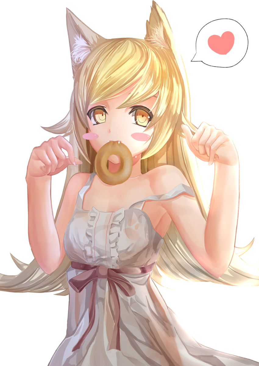 1girl, animal_ears, bakemonogatari, blonde_hair, cat_ears, donut, fangs, female_focus