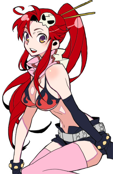 00s, 1girl, bikini, bikini_top_only, breasts, cleavage, female_focus, fingerless_gloves, gloves, hair_ornament, hashii_chizu, large_breasts, long_hair, midriff, navel, open_mouth, ponytail, red_hair, scarf, shorts, solo, swimsuit, tengen_toppa_gurren_lagann, thighhighs, yellow_eyes, yoko_littner