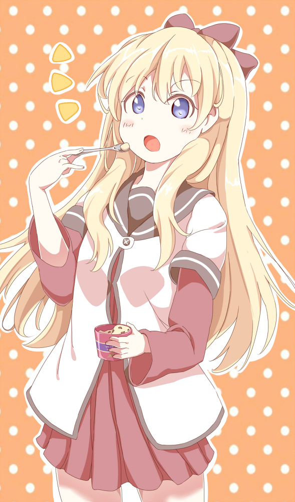 1girl, bad_id, bad_pixiv_id, blonde_hair, blue_eyes, bow, female_focus, food