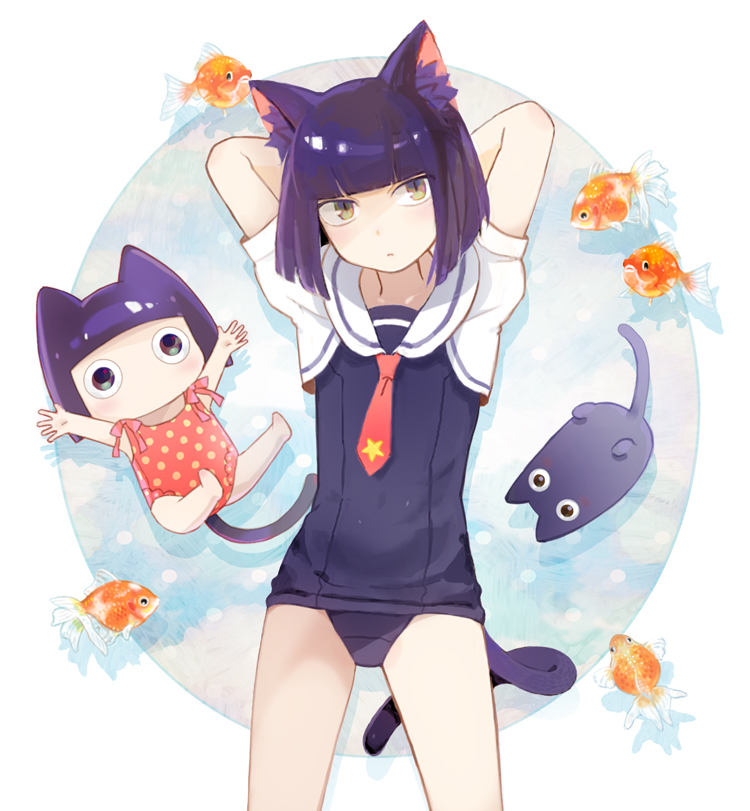 androgynous, animal_ears, bob_cut, cat, cat_ears, cat_tail, chibi, fish, gender_request, kuroi_nyan, kuroinyan, nontraditional_school_swimsuit, one-piece_swimsuit, original, other_focus, purple_hair, sailor_collar, sailor_swimsuit, school_swimsuit, short_hair, swimsuit, tail, trap