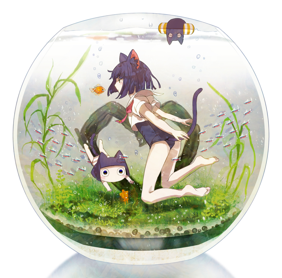 androgynous, animal_ears, barefoot, bob_cut, cat, cat_ears, cat_tail, chibi