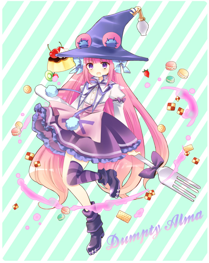 1girl, alma_(emil_chronicle_online), boots, character_name, cherry, cookie, dress, dumpty_alma