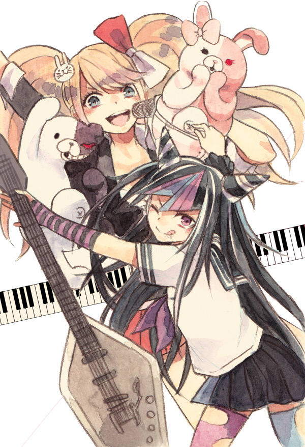 10s, 2girls, ;q, amarisu, asymmetrical_legwear, black_hair, blue_hair, bow