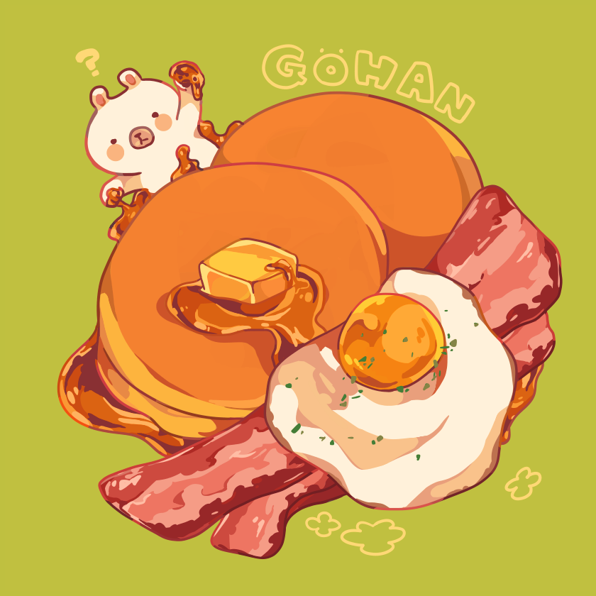 ?, bacon, bear, butter, egg, egg_(food), food, food_focus, green_background, meat, mop, mop_(shirokumaiceumaiyo), no_humans, original, pancake, romaji_text, sunny_side_up_egg, syrup