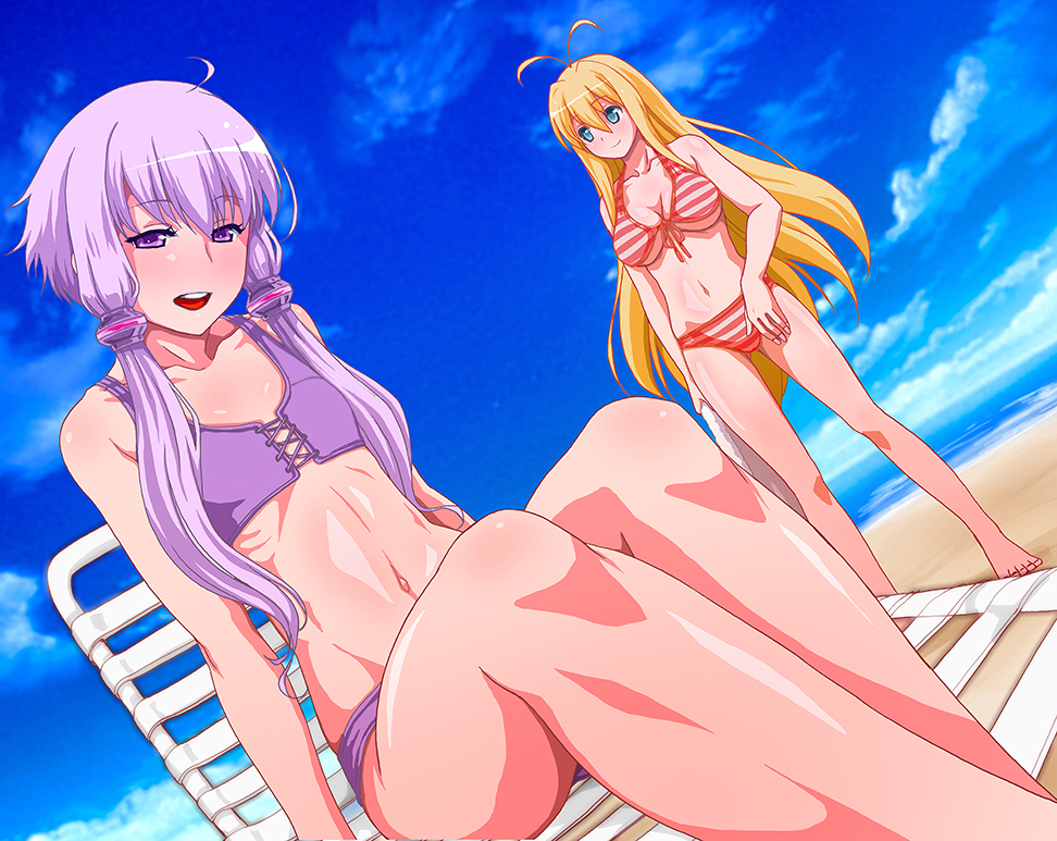2girls, ahoge, antenna_hair, bad_id, bad_pixiv_id, barefoot, beach, bikini, blonde_hair, blue_eyes, chair, cloud, day, dutch_angle, long_hair, lounge_chair, multiple_girls, navel, outdoors, outie_navel, purple_eyes, purple_hair, short_hair_with_long_locks, sidelocks, sitting, sky, striped_bikini, striped_clothes, swimsuit, tarou99gou, tsurumaki_maki, twintails, vocaloid, voiceroid, yuzuki_yukari