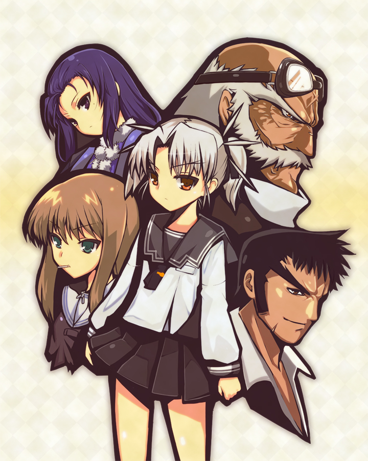 2boys, 3girls, 797, alice_soft, black_hair, blue_hair, brown_hair, cigarette