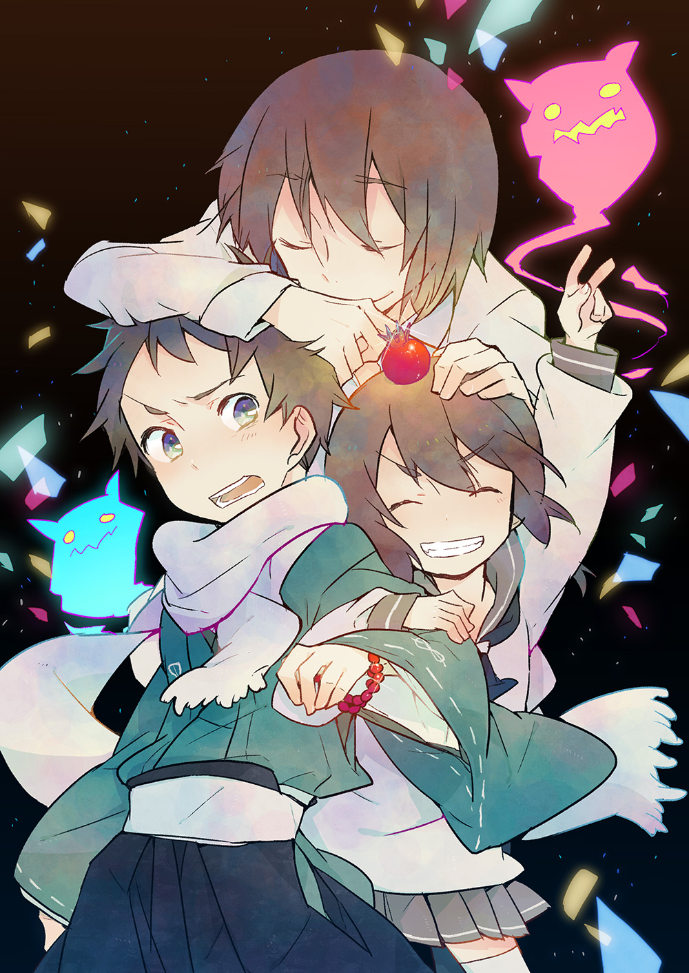 10s, 1girl, 2boys, a_(kyousougiga), beads, blue_eyes, brown_hair, child