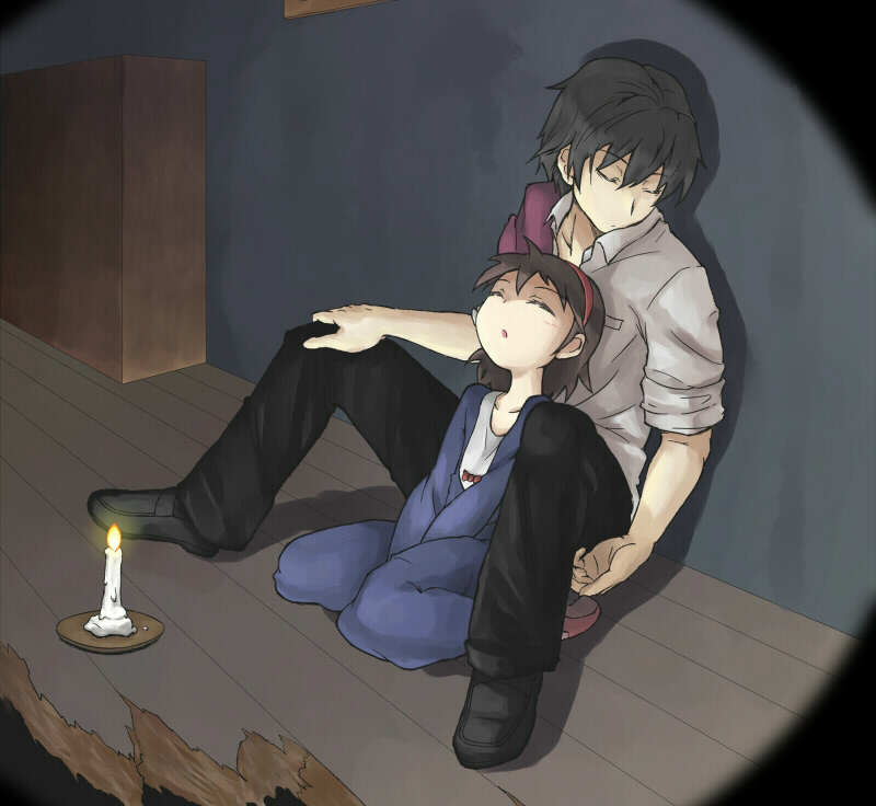 1boy, 1girl, between_legs, black_hair, brown_hair, candle, corpse_party, hairband, hallway, jacket, jacket_over_shoulder, kizami_yuuya, mochida_yuka, school_dress, school_uniform, short_hair, sitting, sleeping, unworn_jacket