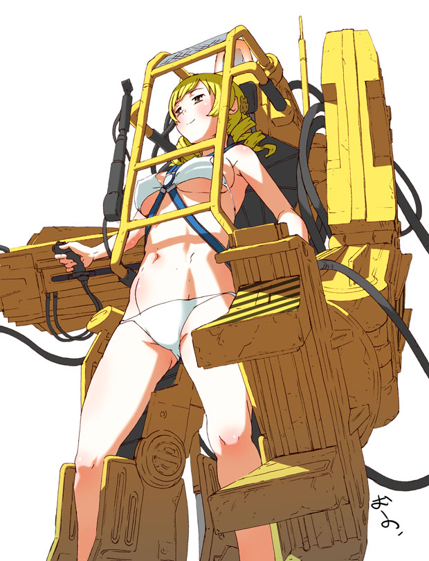 10s, 1980s_(style), 1girl, alien_(series), aliens_(1986), bikini, blonde_hair, breasts, drill_hair, female_focus, large_breasts, long_hair, mahou_shoujo_madoka_magica, mahou_shoujo_madoka_magica_(anime), mecha, navel, oldschool, oono_tsutomu, power_loader, power_suit, retro_artstyle, robot, signature, simple_background, smile, solo, swimsuit, tomoe_mami, underboob, white_bikini, yellow_eyes