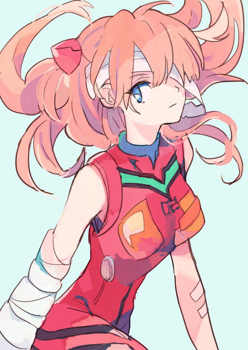 1990s_(style), 1girl, bad_id, bad_twitter_id, bandage_over_one_eye, bandages, blue_eyes, cast