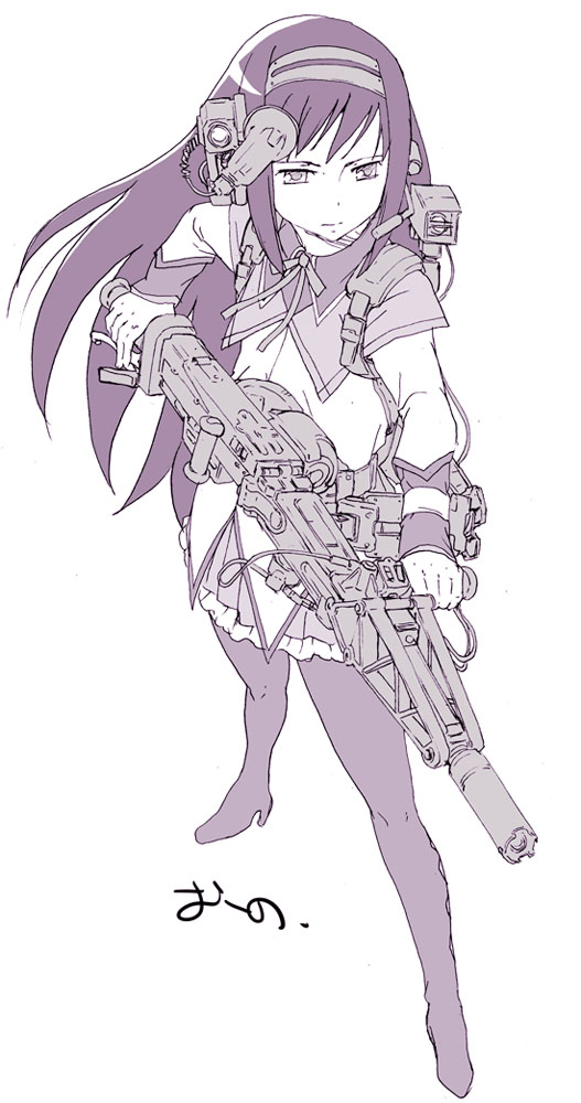 10s, 1980s_(style), 1girl, akemi_homura, akemi_homura_(magical_girl), alien_(series), aliens_(1986), argyle_clothes, argyle_pantyhose, black_hair, caseless_firearm, electronic_firearm, female_focus, full_body, gun, hairband, headset, heavy_machine_gun, high_heels, long_hair, m56_smartgun, machine_gun, mahou_shoujo_madoka_magica, mahou_shoujo_madoka_magica_(anime), monochrome, oldschool, oono_tsutomu, pantyhose, purple_theme, retro_artstyle, school_uniform, science_fiction, simple_background, solo, suppressor, weapon, white_background