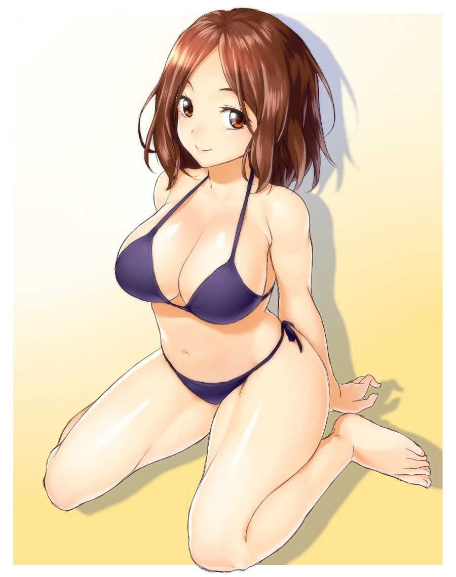 10s, 1girl, amakata_miho, arm_support, arms_behind_back, back, barefoot, bikini