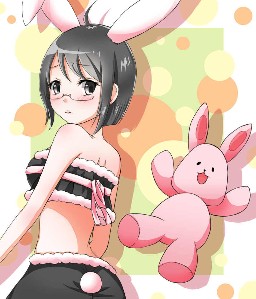 10s, 1girl, animal_costume, animal_ears, black_hair, blush, breasts, rabbit_costume