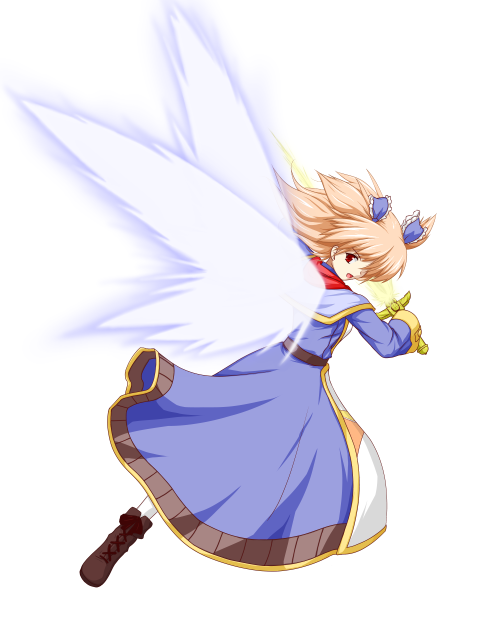 1girl, brown_hair, dress, female_focus, full_body, highres, michel_sant'angelo, open_mouth, original, red_eyes, shoes, short_hair, solo, sword, teitoku, the_last_comer, touhou, transparent_background, two_side_up, weapon, white_background, wings