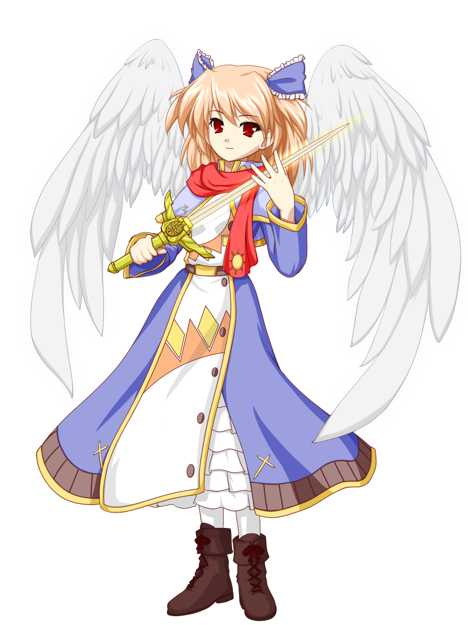 1girl, angel_wings, brown_hair, dress, female_focus, full_body, hair_ribbon, highres, michel_sant'angelo, original, pantyhose, rapier, red_eyes, ribbon, scarf, shoes, short_hair, smile, solo, sword, teitoku, the_last_comer, touhou, transparent_background, two_side_up, weapon, white_background, white_pantyhose, wings