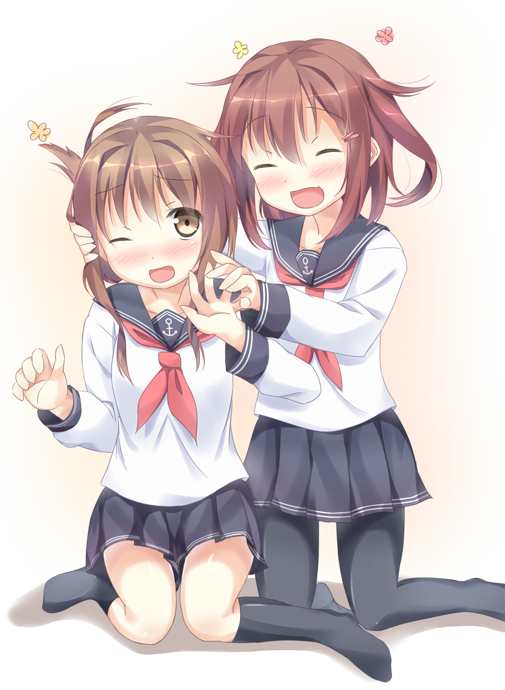 10s, 2girls, :d, ;d, anchor, blush, brown_eyes, brown_hair