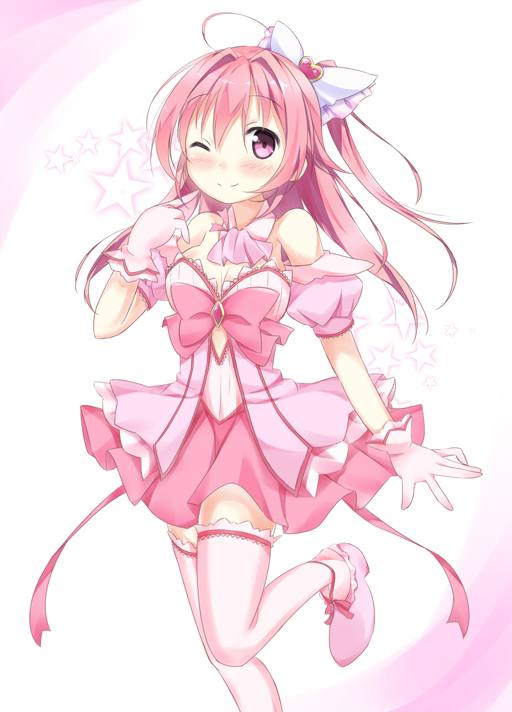 1girl, ;), ahoge, blush, bow, breasts, cleavage, detached_collar, detached_sleeves, dress, female_focus, gloves, hair_between_eyes, hair_bow, heart, highres, himenomi_miruku, one_eye_closed, pink_dress, pink_eyes, pink_hair, pink_skirt, pink_theme, pink_thighhighs, ponytail, shiratama_(teleidoscope), simple_background, skirt, small_breasts, smile, solo, standing, standing_on_one_leg, star_(symbol), thighhighs, wings, wink, yumekoi, zettai_ryouiki