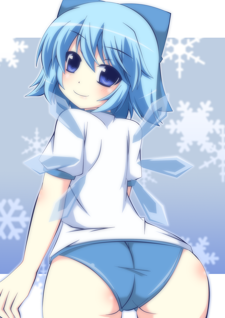 1girl, alternate_costume, ass, back, blue_eyes, blue_hair, bow, buruma