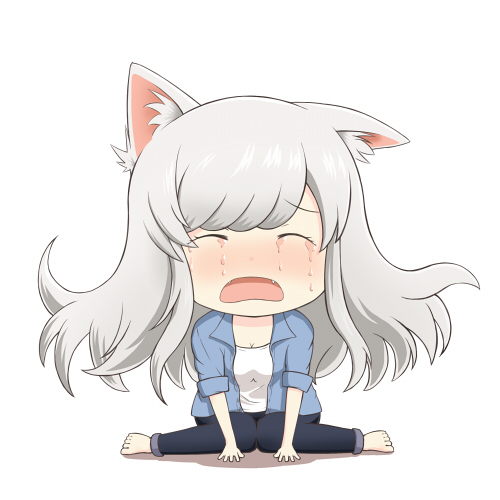 1girl, animal_ears, barefoot, black_hanekawa, cat_ears, chibi, crying, denim