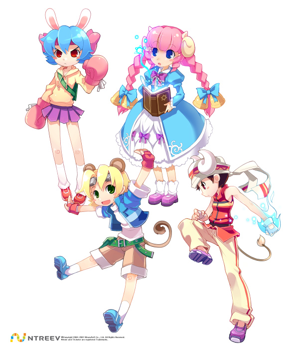 10s, 4girls, animal_ears, arm_up, armcho, belt, blonde_hair, blue_hair
