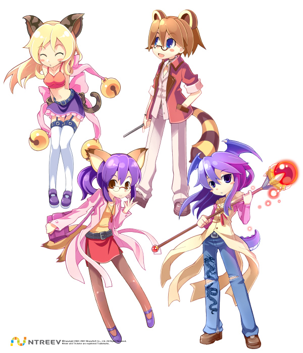 10s, 4girls, :d, animal_ears, armcho, bag, bell, black_legwear