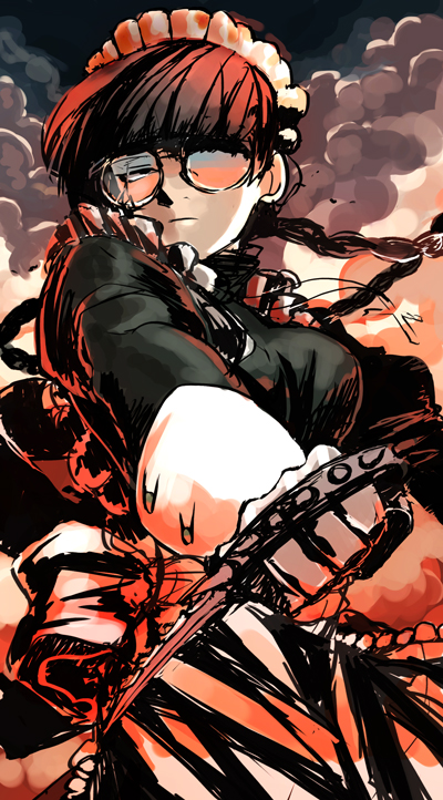 1girl, akiyoshi_nozomu, black_lagoon, blade, braid, broken_eyewear, dress, female_focus, glasses, knife, long_hair, maid, maid_headdress, roberta_(black_lagoon), solo, trench_knife, twin_braids