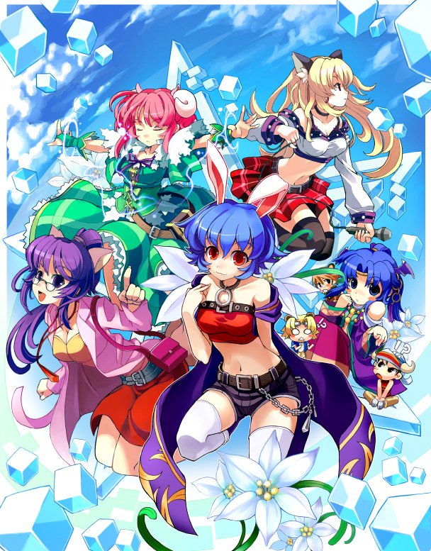 10s, 3boys, 5girls, animal_ears, armcho, bare_shoulders, black_legwear, blonde_hair, blue_hair, buffalo_(trickster), bunny_(trickster), cat_(trickster), cat_ears, closed_eyes, collar, cutoffs, dragon_(trickster), dress, everyone, flower, fox_(trickster), fox_ears, glasses, head_wings, horns, kneeling, lion_(trickster), lion_ears, long_hair, microphone, midriff, multiple_boys, multiple_girls, pink_hair, purple_eyes, purple_hair, rabbit_ears, raccoon_(trickster), raccoon_ears, red_eyes, sheep_(trickster), sheep_ears, short_hair, shorts, skirt, sky, thighhighs, trickster_(ntreev_soft), white_legwear, wings